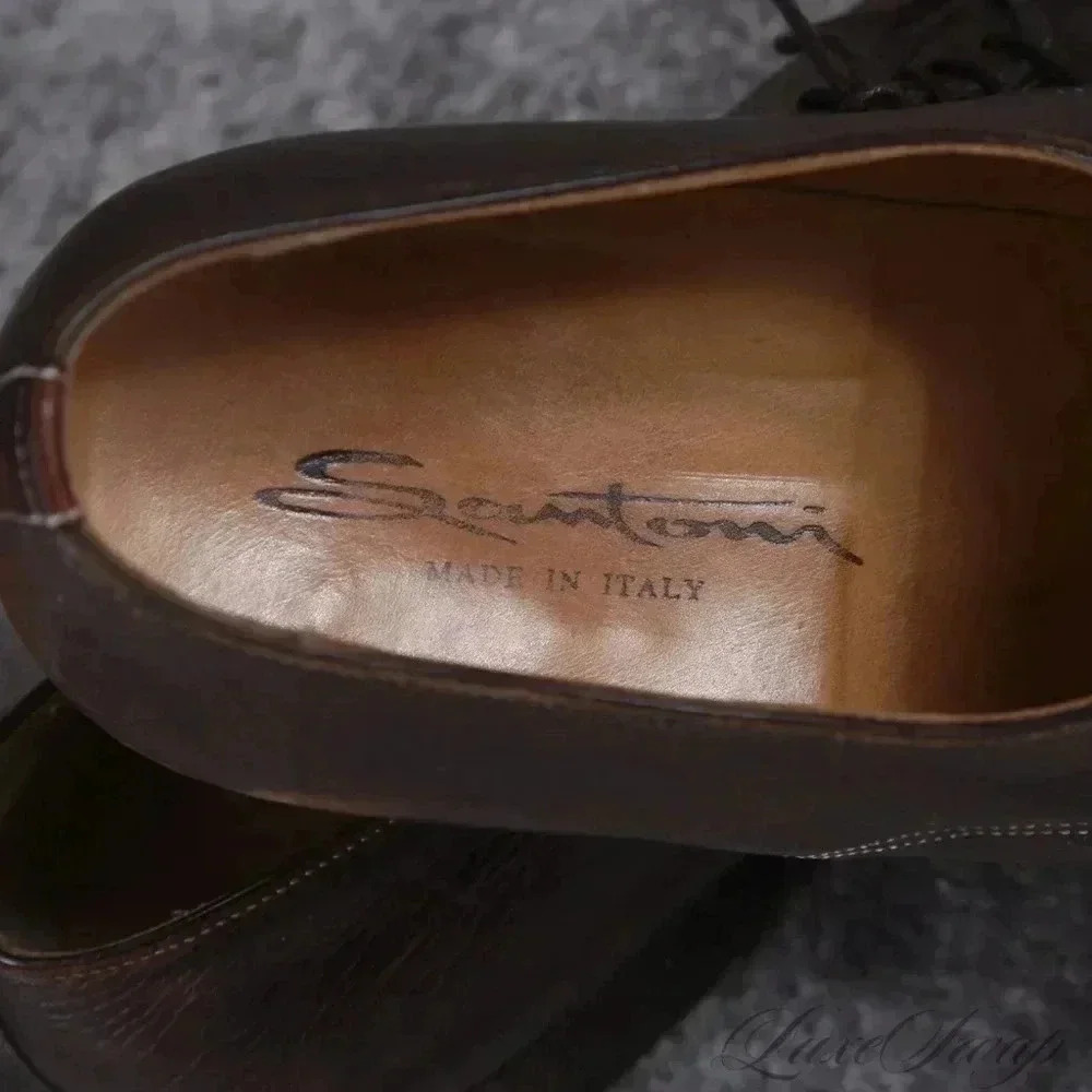 Santoni Grained Leather Burnished Espresso Derby Shoes 13 Made in Italy - Picture 4 of 10